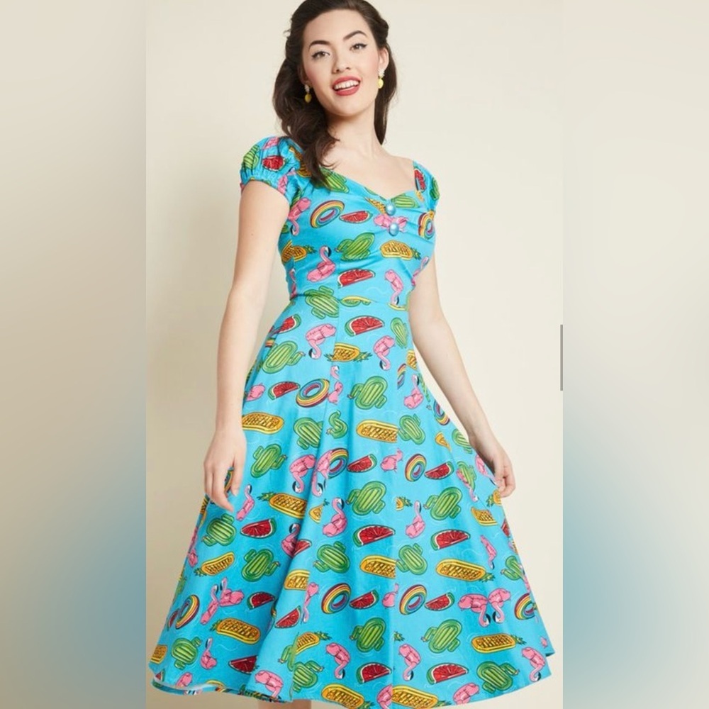 Collectif Dolores Pool Party Swing Dress Flamingo Cactus Print XXS Summer